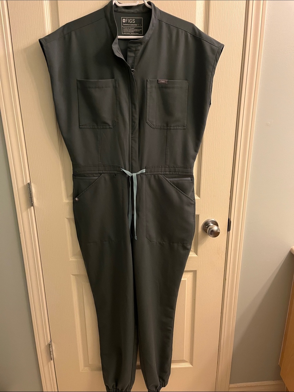 FIGS Women's Rafaela Cargo Scrub Jumpsuit, size large, deep reef colour